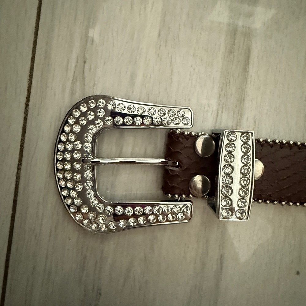 Leather Copper Bronze Fleur De Lis Western RHINESTONE Belt M SM - Picture 6 of 11